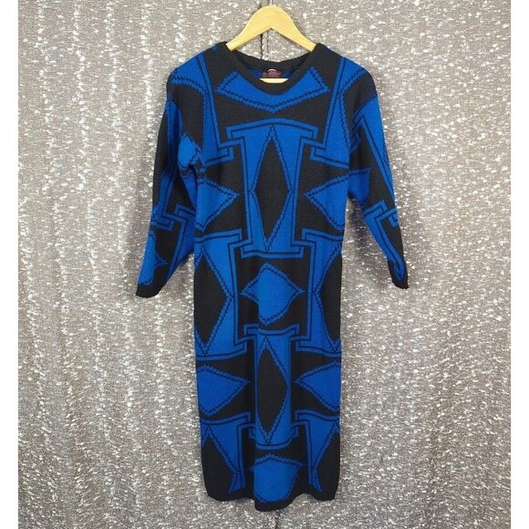 Body Heat Dresses & Skirts - Vintage Body Heat Blue/Black Geometric‎ Sweater Dress Women's S/M